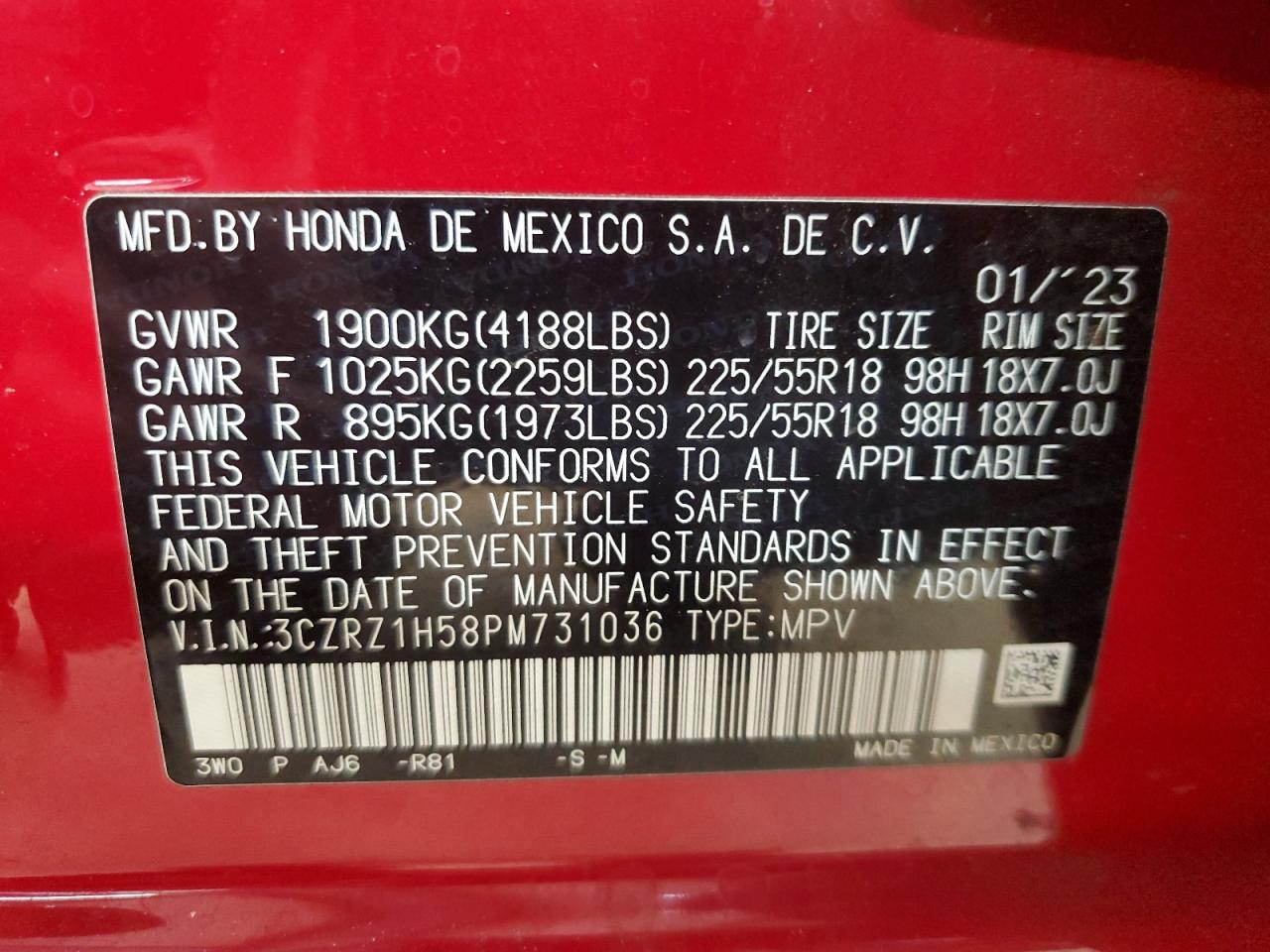 2023 HONDA HR-V SPORT VIN:3CZRZ1H58PM731036
