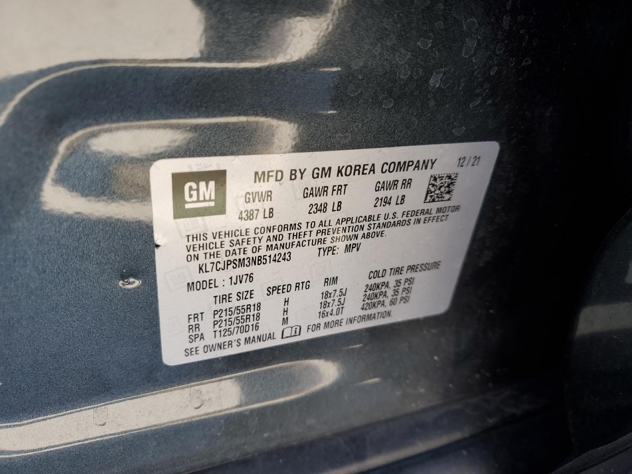 2022 CHEVROLET TRAX 1LT VIN:KL7CJPSM3NB514243