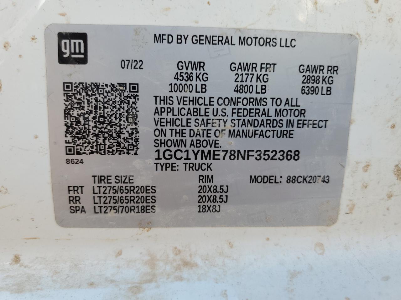 2022 CHEVROLET SILVERADO K2500 CUSTOM VIN:1GC1YME78NF352368