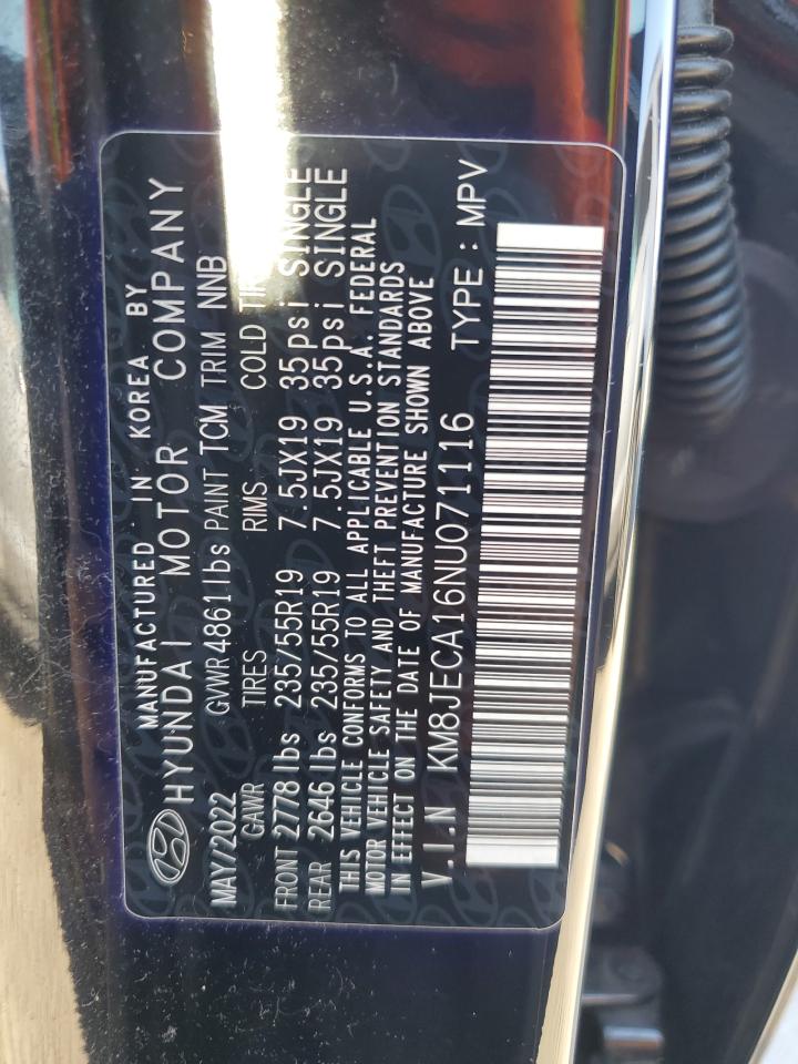 2022 HYUNDAI TUCSON LIMITED VIN:KM8JECA16NU071116