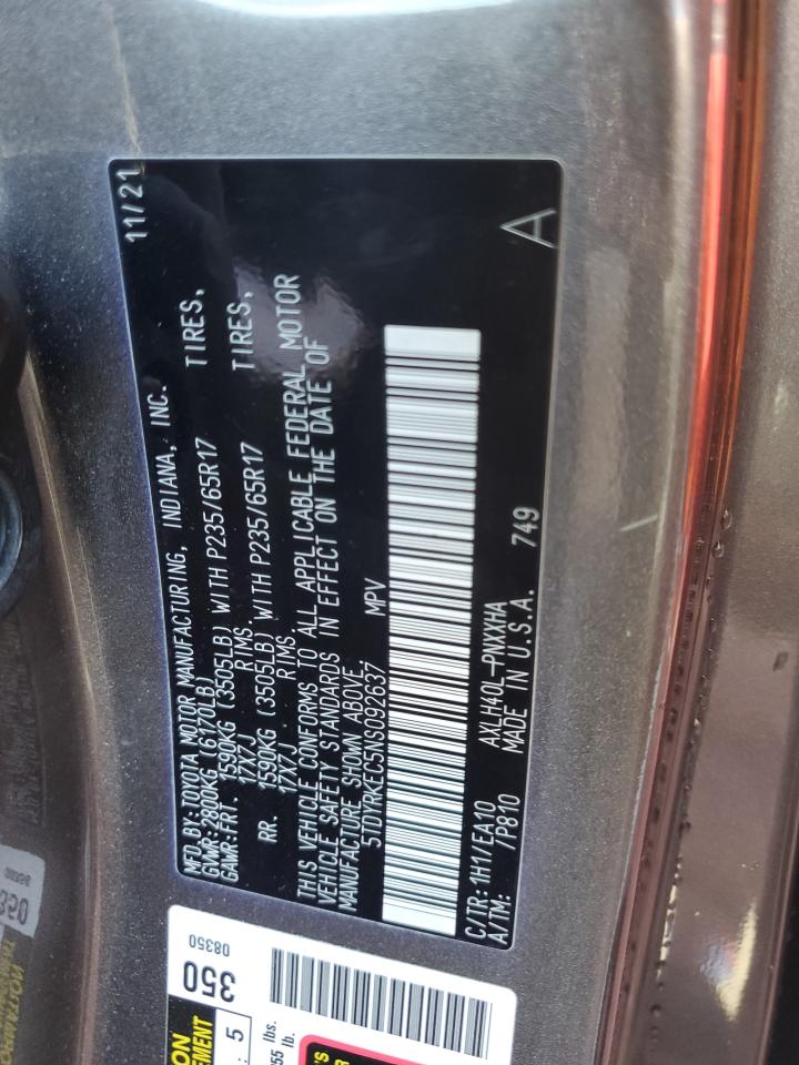 2022 TOYOTA SIENNA XLE VIN:5TDYRKEC5NS092637