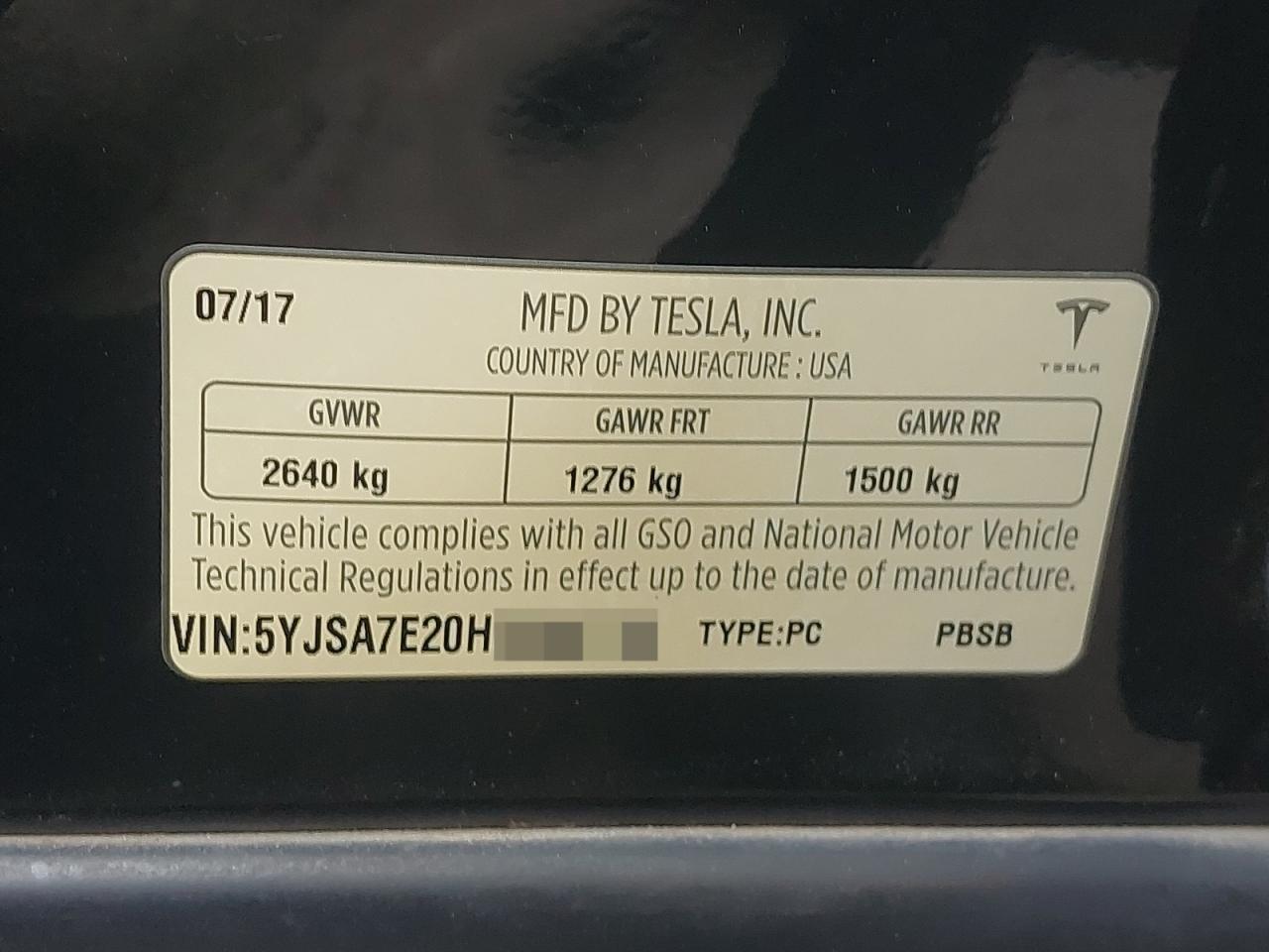 2017 TESL MODEL S VIN:5YJSA7E20HF******
