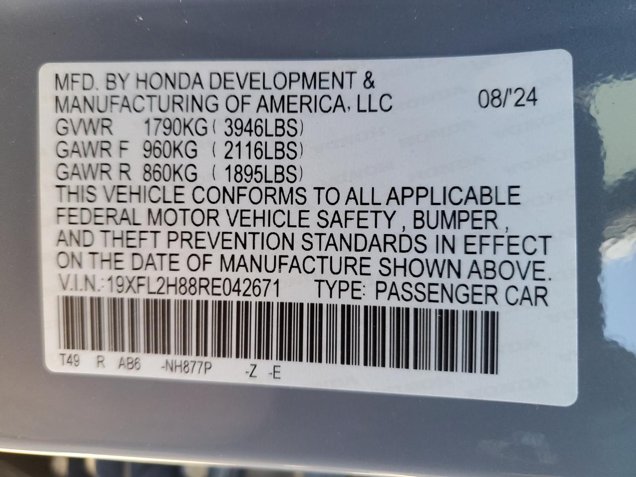 2024 HONDA CIVIC SPORT VIN:19XFL2H88RE042671