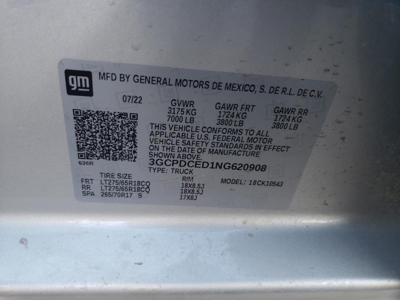 2022 CHEVROLET SILVERADO K1500 TRAIL BOSS CUSTOM VIN:3GCPDCED1NG620908