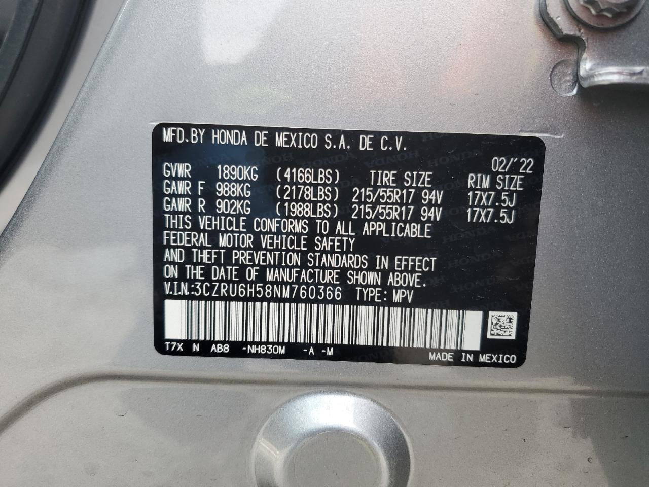 2022 HONDA HR-V EX VIN:3CZRU6H58NM760366