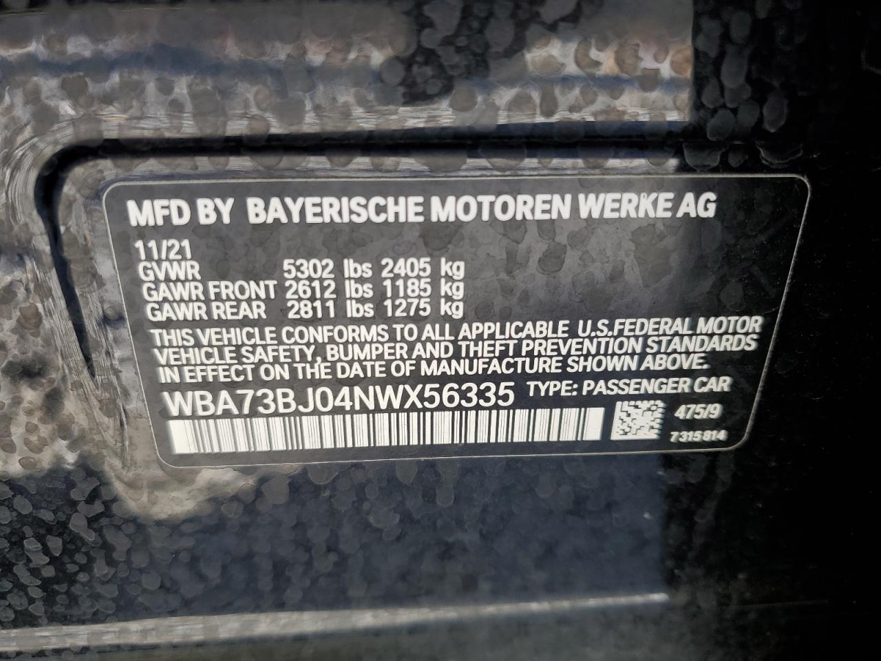 2022 BMW 540 XI VIN:WBA73BJ04NWX56335