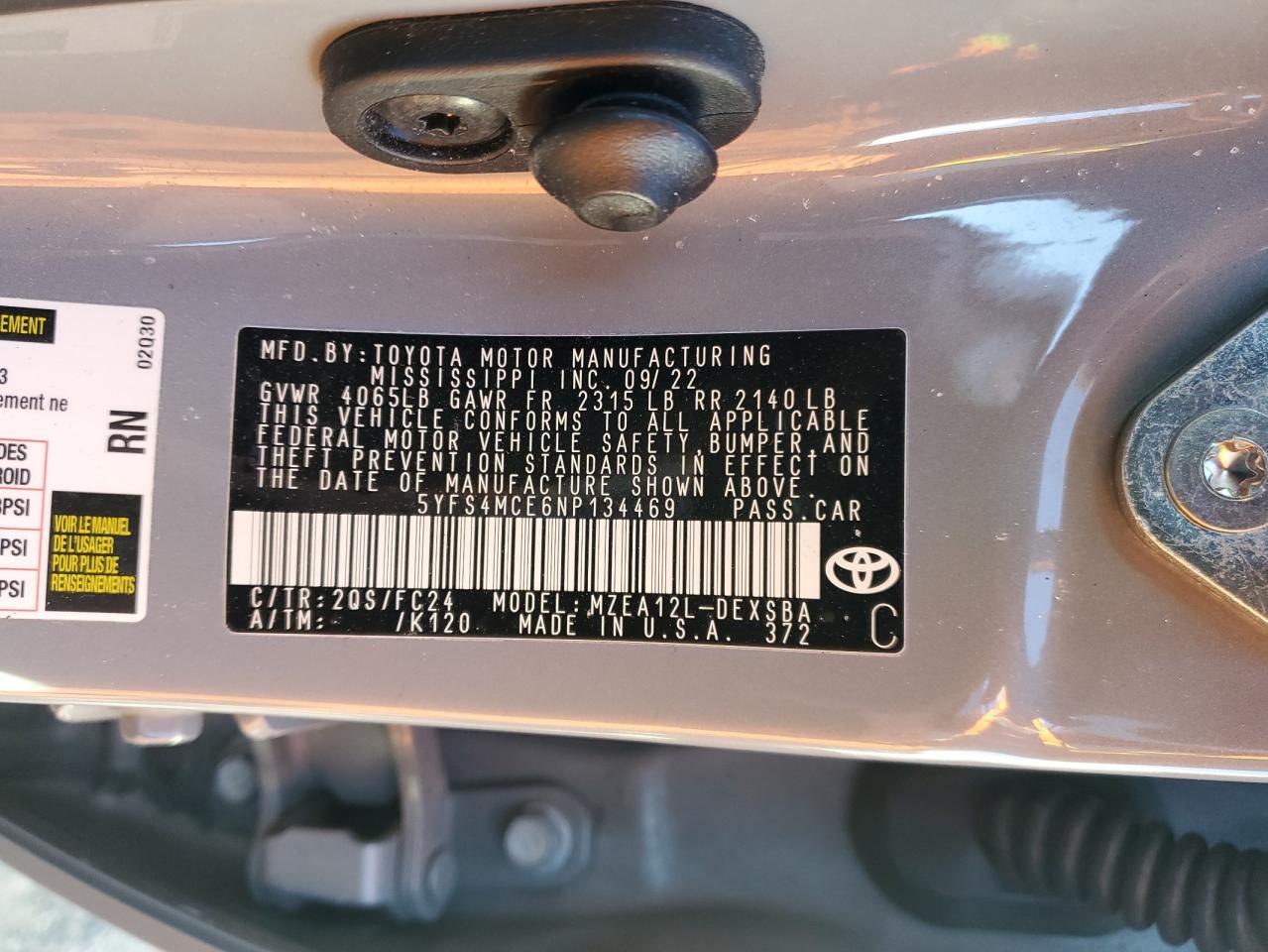 2022 TOYOTA COROLLA SE VIN:5YFS4MCE6NP134469