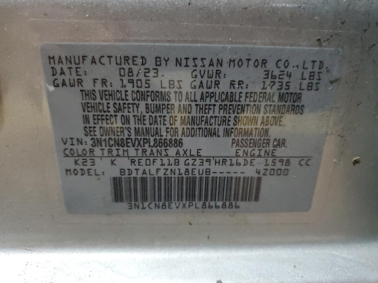 2023 NISSAN VERSA SV VIN:3N1CN8EVXPL866886