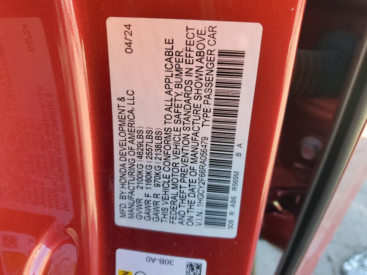2024 HONDA ACCORD HYBRID EXL VIN:1HGCY2F66RA056479