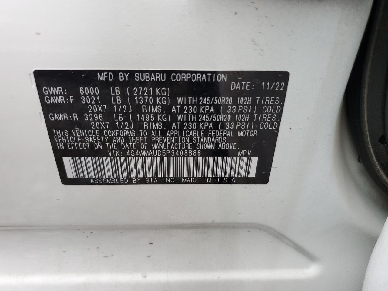 2023 SUBARU ASCENT LIMITED VIN:4S4WMAUD5P3408886