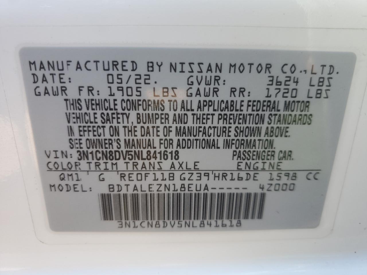 2022 NISSAN VERSA S VIN:3N1CN8DV5NL841618