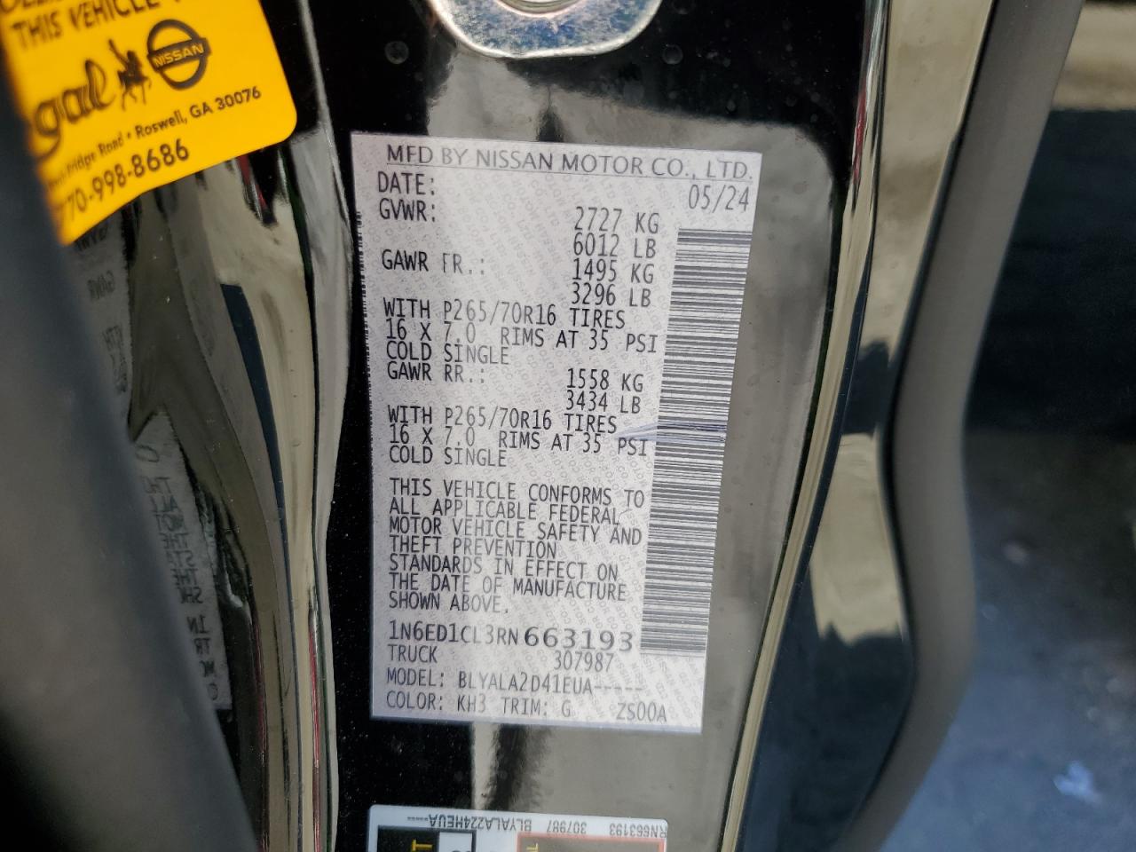 2024 NISSAN FRONTIER S VIN:1N6ED1CL3RN663193
