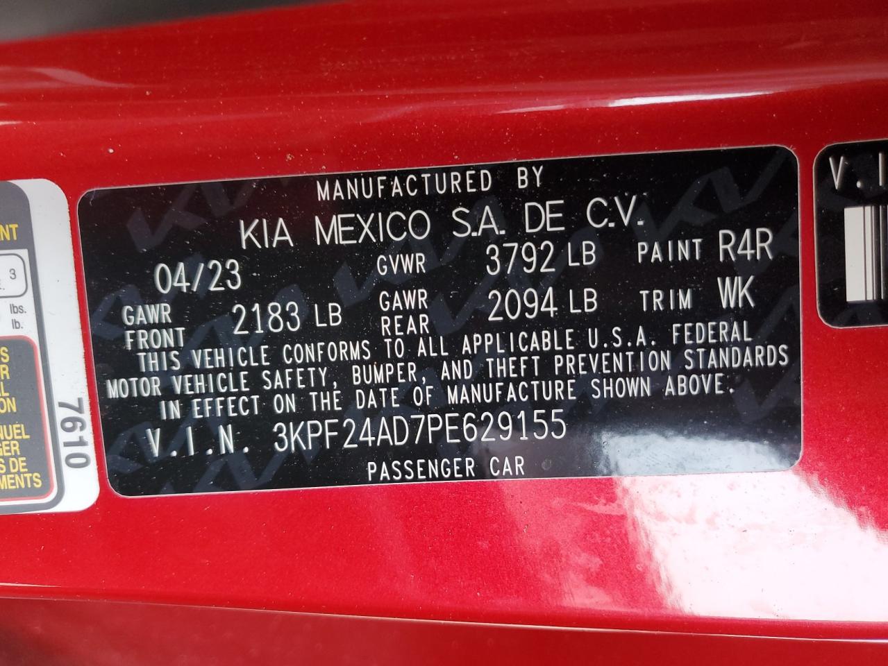 2023 KIA FORTE LX VIN:3KPF24AD7PE629155