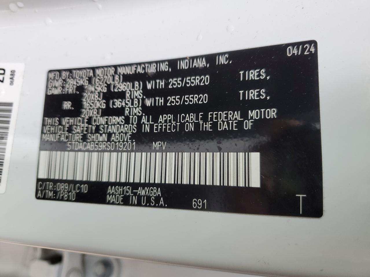 2024 TOYOTA GRAND HIGHLANDER XLE VIN:5TDACAB59RS019201