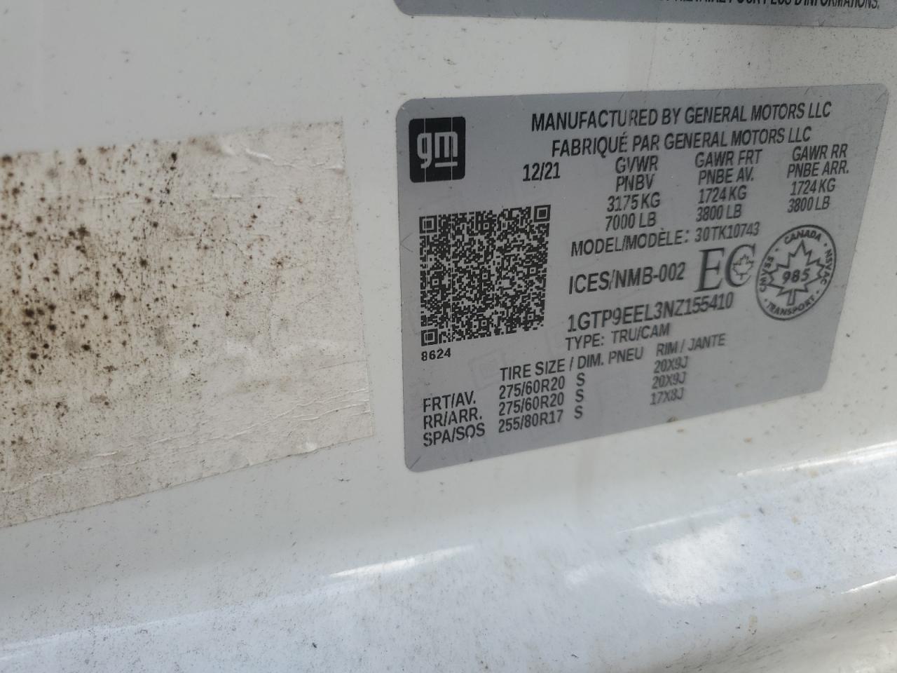 2022 GMC SIERRA LIMITED K1500 AT4 VIN:1GTP9EEL3NZ155410