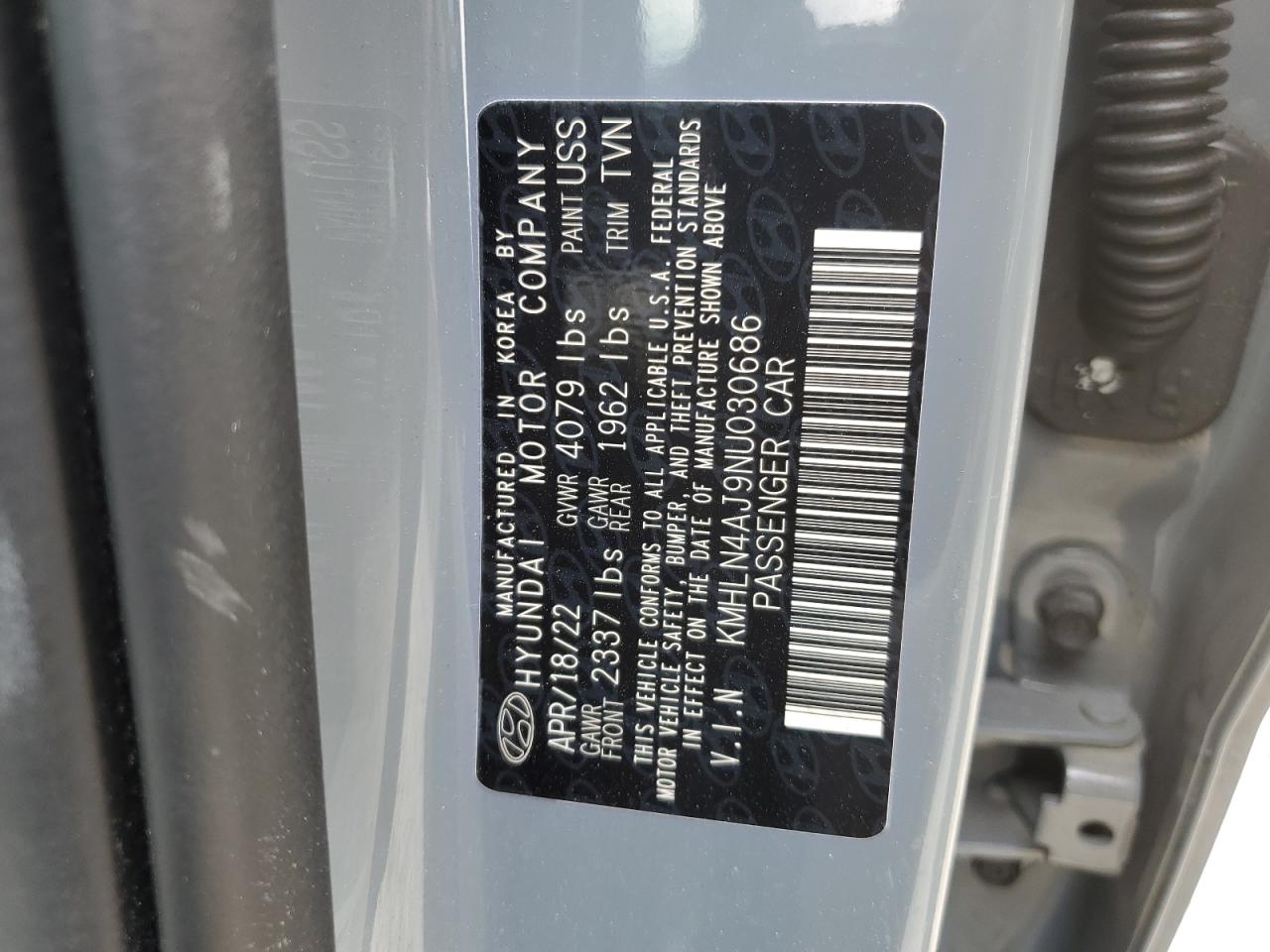 2022 HYUNDAI ELANTRA LIMITED VIN:KMHLN4AJ9NU030686