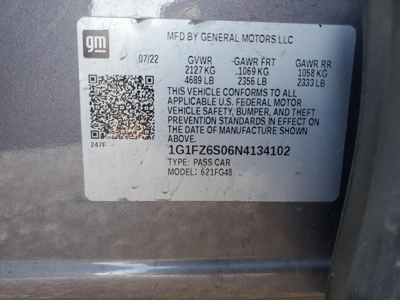 2022 CHEVROLET BOLT EUV PREMIER VIN:1G1FZ6S06N4134102