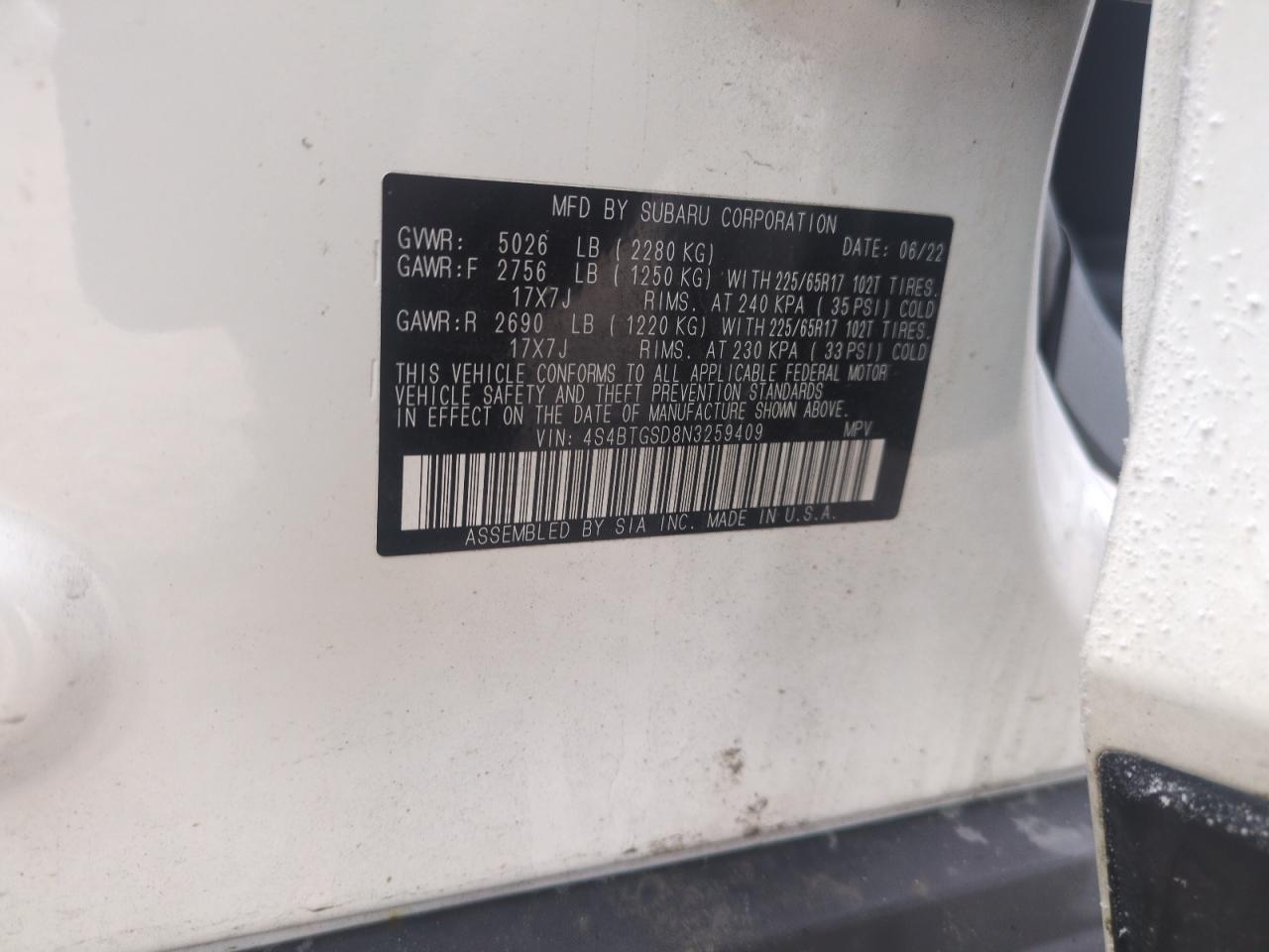 2022 SUBARU OUTBACK WILDERNESS VIN:4S4BTGSD8N3259409