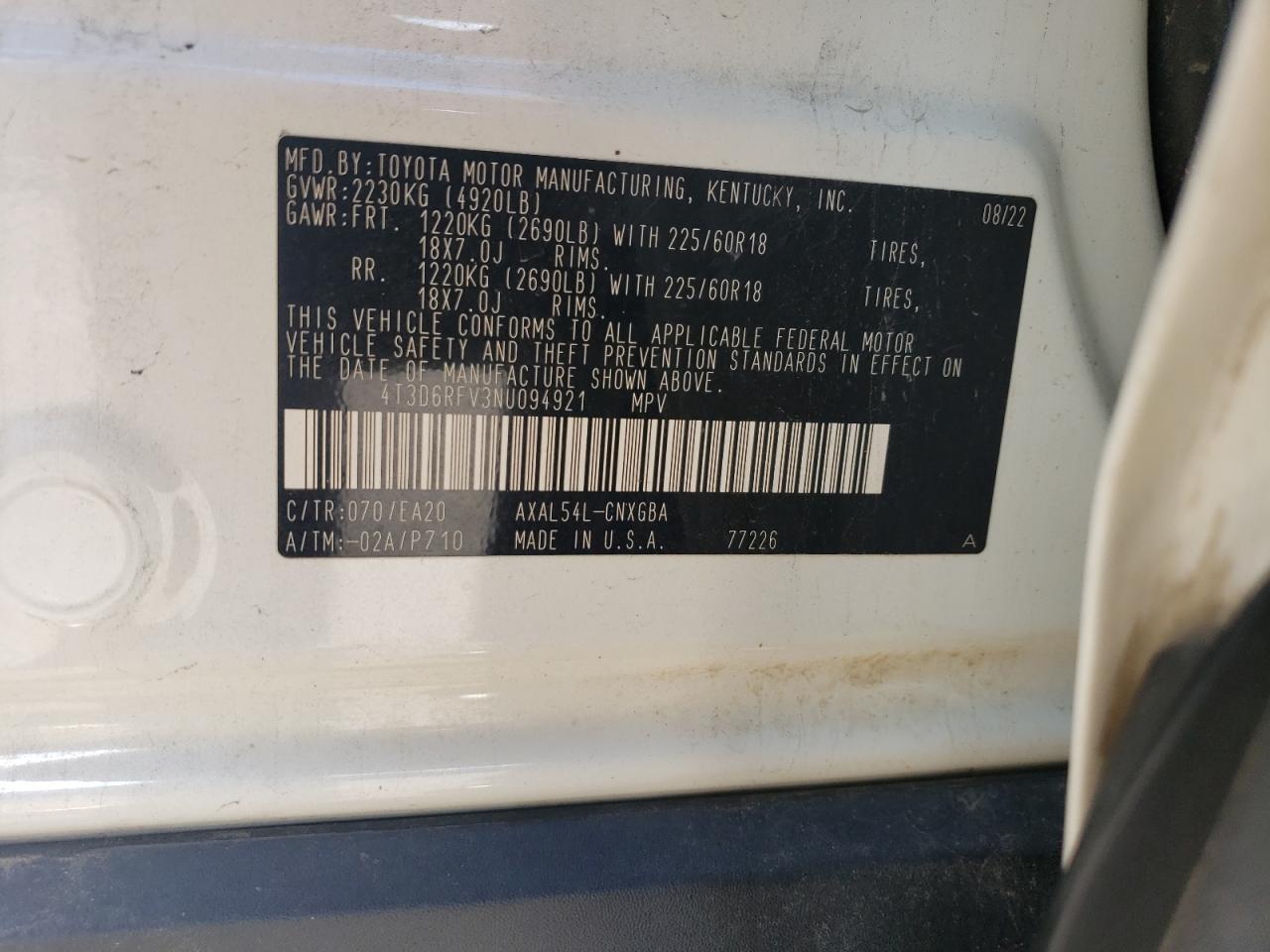 2022 TOYOTA RAV4 LIMITED VIN:4T3D6RFV3NU094921