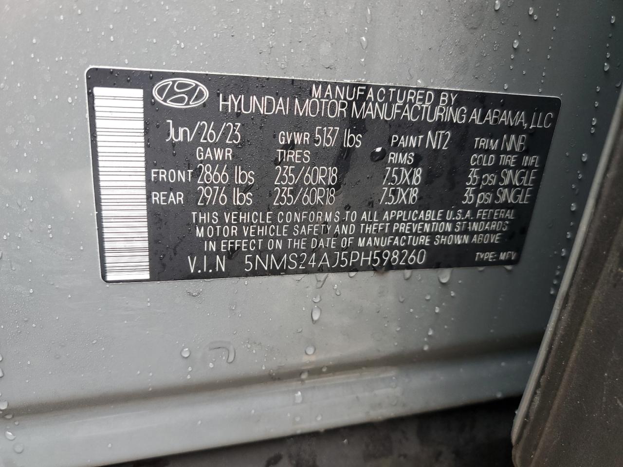 2023 HYUNDAI SANTA FE SEL VIN:5NMS24AJ5PH598260