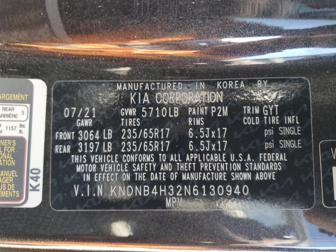 2022 KIA CARNIVAL LX VIN:KNDNB4H32N6130940