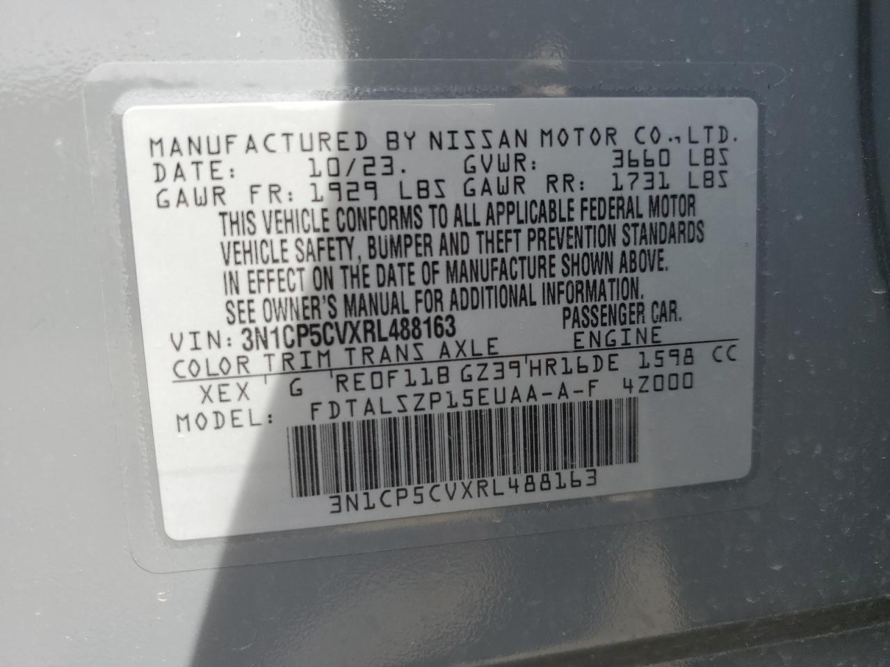 2024 NISSAN KICKS SV VIN:3N1CP5CVXRL488163