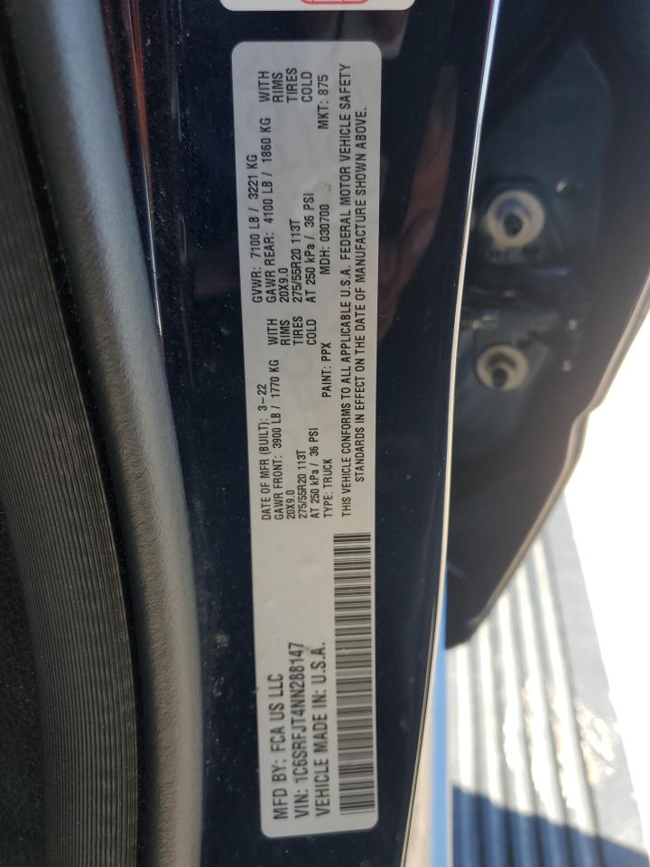 2022 RAM 1500 LARAMIE VIN:1C6SRFJT4NN288147