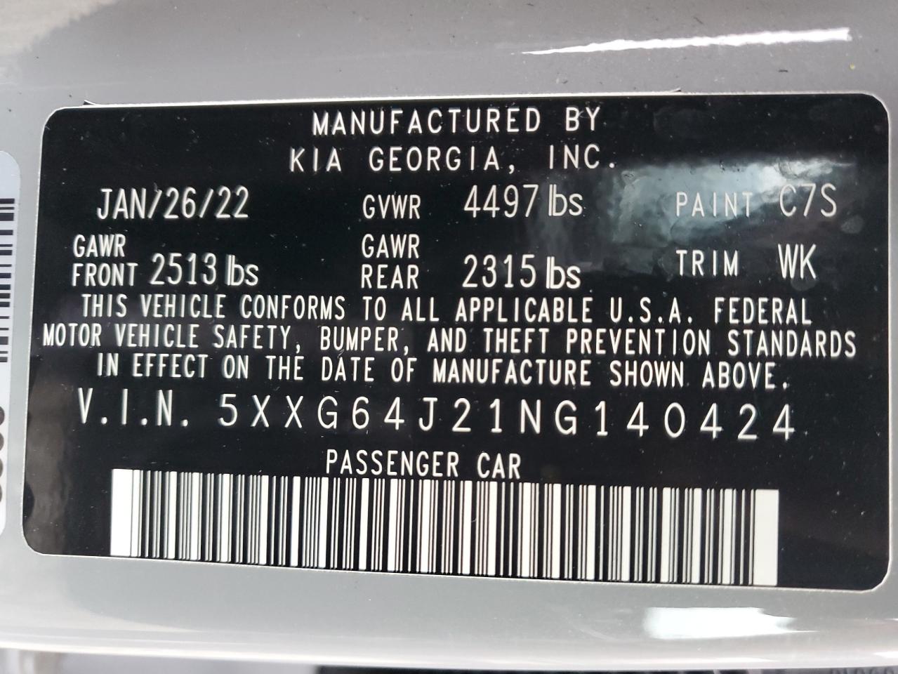 2022 KIA K5 GT LINE VIN:5XXG64J21NG140424