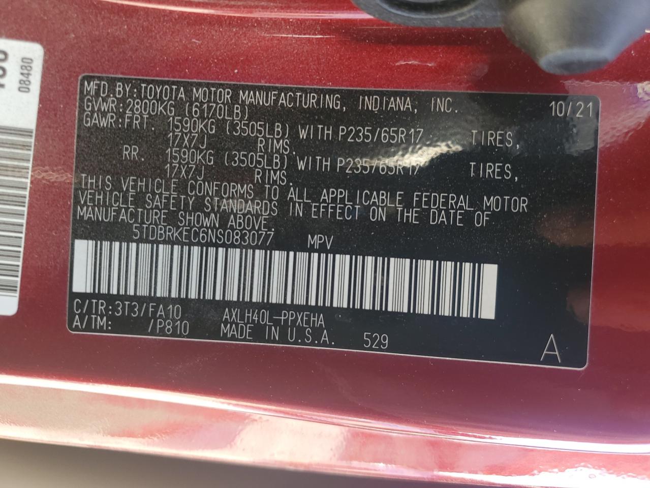 2022 TOYOTA SIENNA LE VIN:5TDBRKEC6NS083077