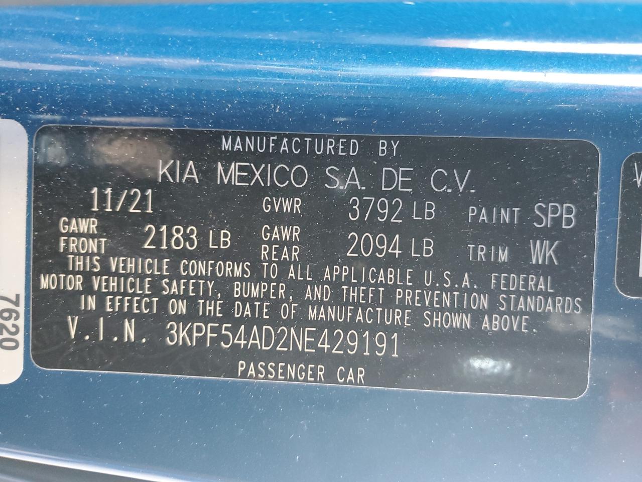 2022 KIA FORTE GT LINE VIN:3KPF54AD2NE429191