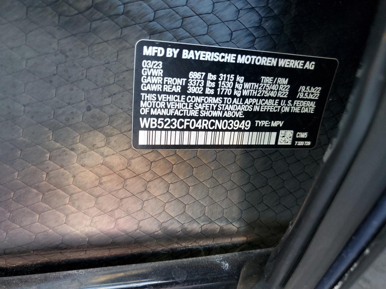 2024 BMW IX XDRIVE50 VIN:WB523CF04RCN03949