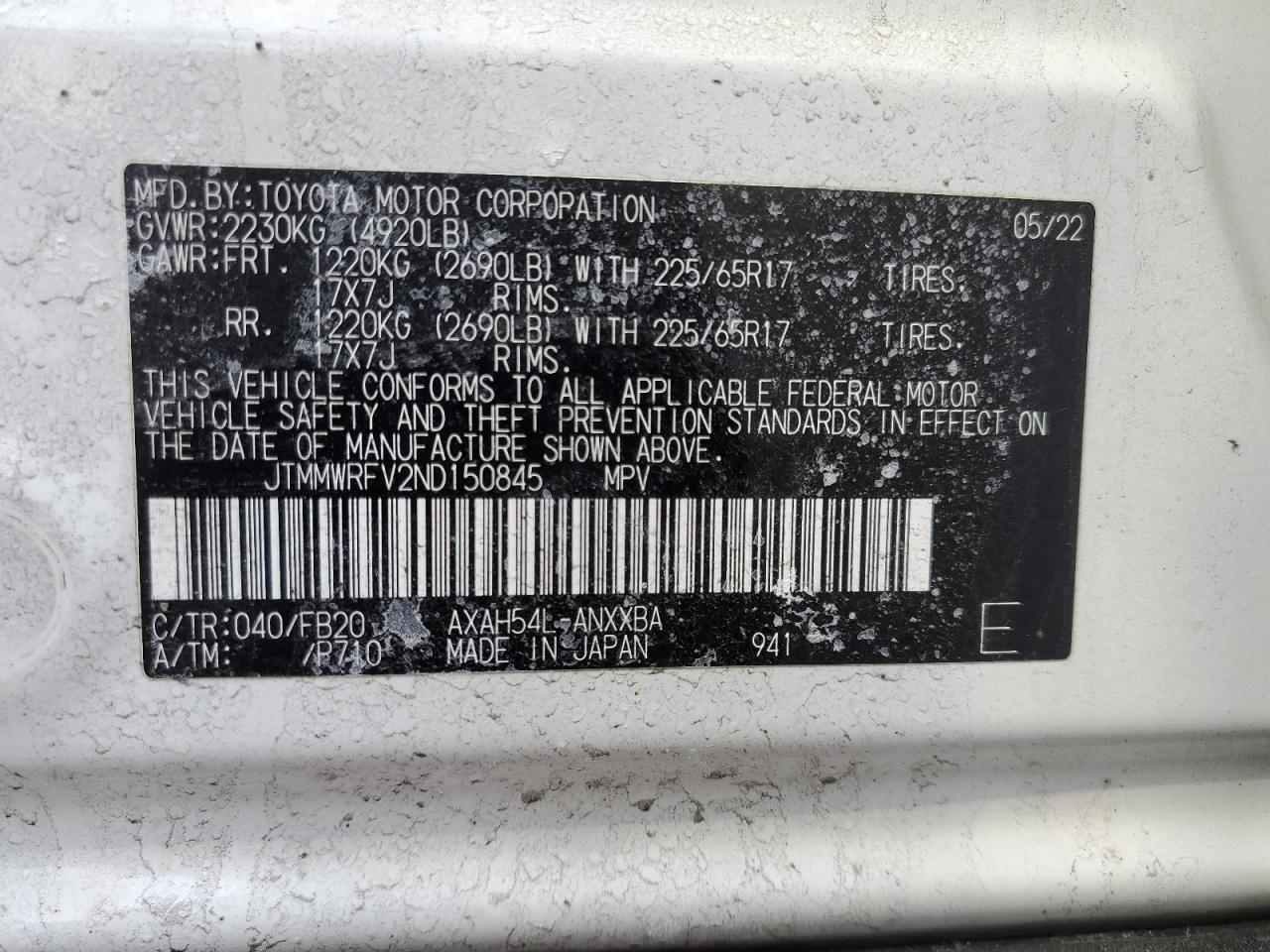 2022 TOYOTA RAV4 LE VIN:JTMMWRFV2ND150845