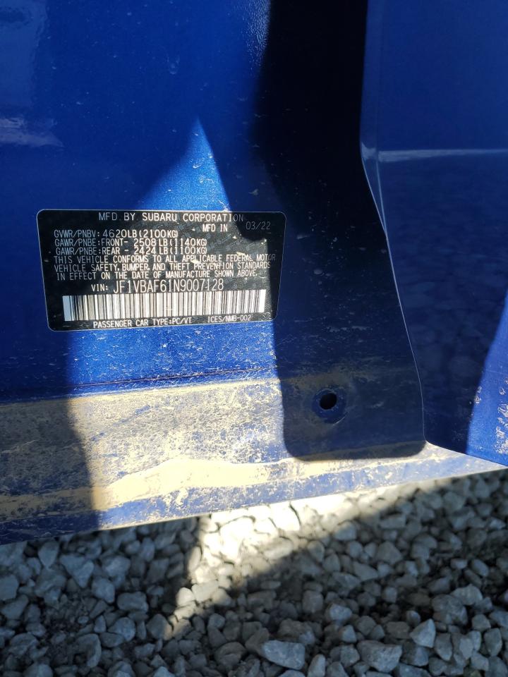 2022 SUBARU WRX PREMIUM VIN:JF1VBAF61N9007128