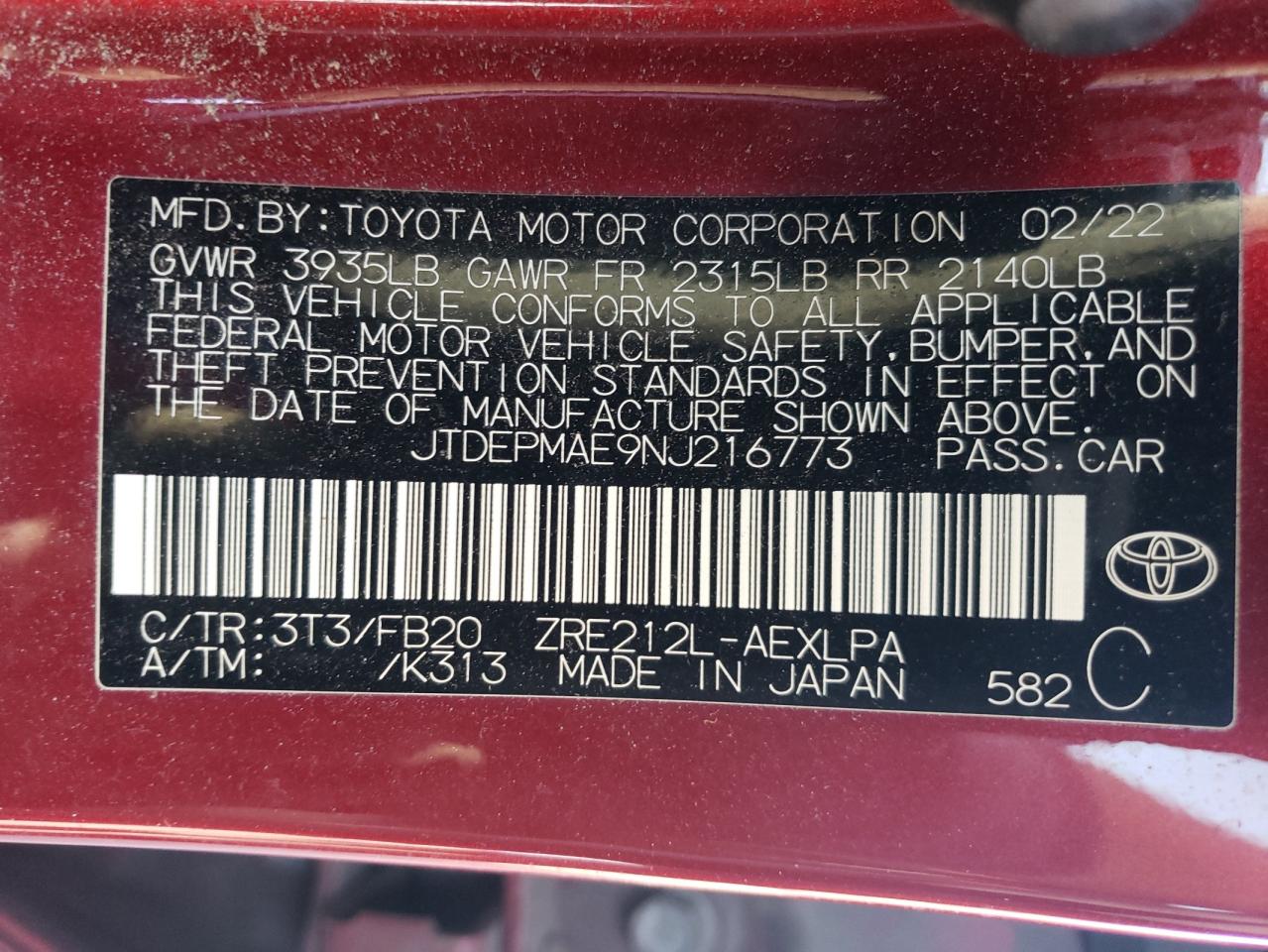 2022 TOYOTA COROLLA LE VIN:JTDEPMAE9NJ216773