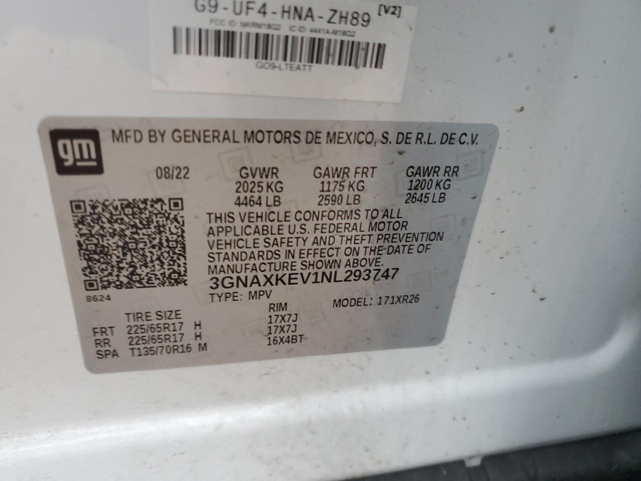 2022 CHEVROLET EQUINOX LT VIN:3GNAXKEV1NL293747