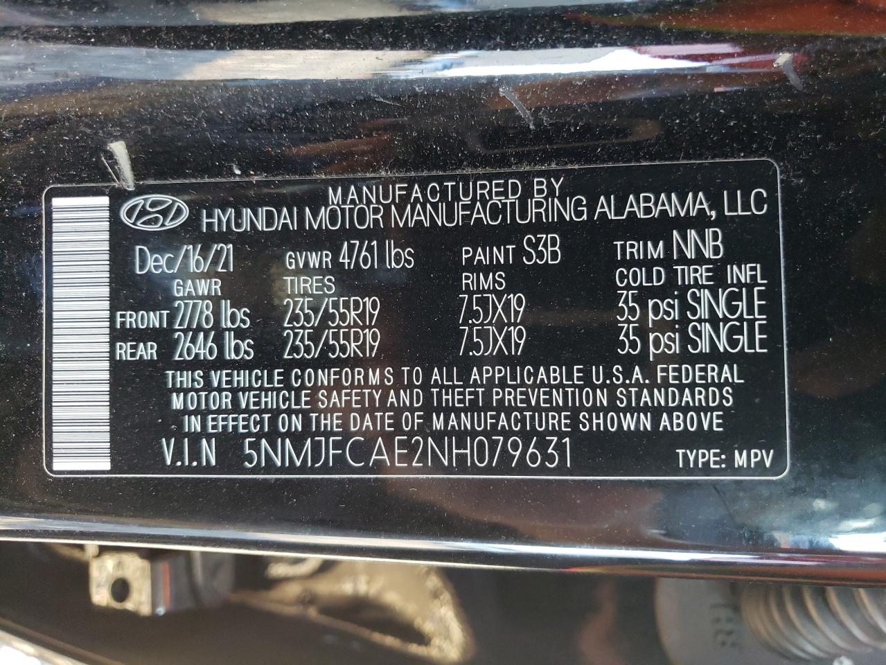 2022 HYUNDAI TUCSON SEL VIN:5NMJFCAE2NH079631