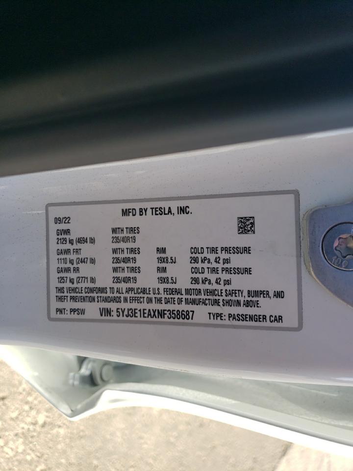 2022 TESLA MODEL 3  VIN:5YJ3E1EAXNF358687