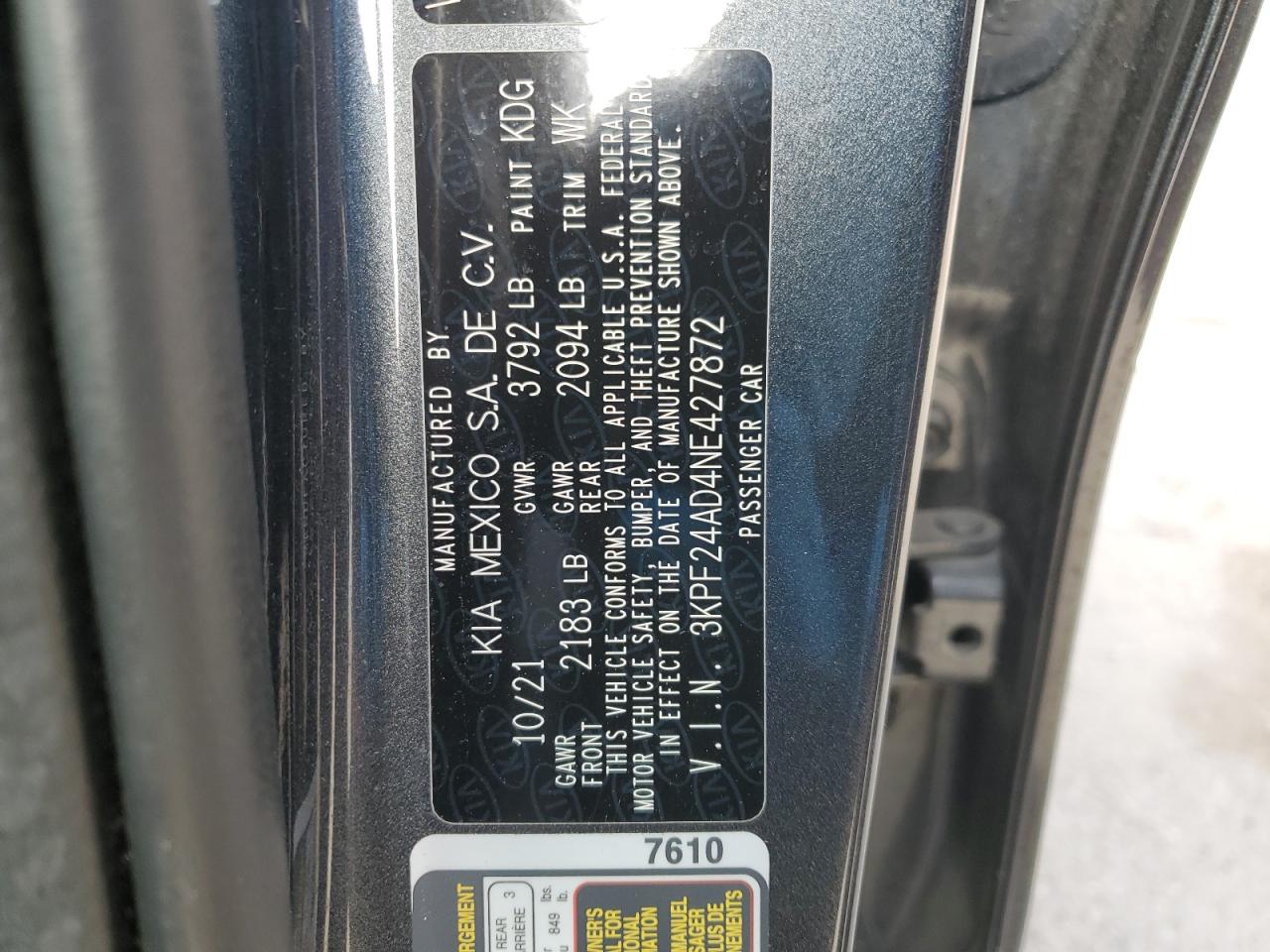 2022 KIA FORTE FE VIN:3KPF24AD4NE427872