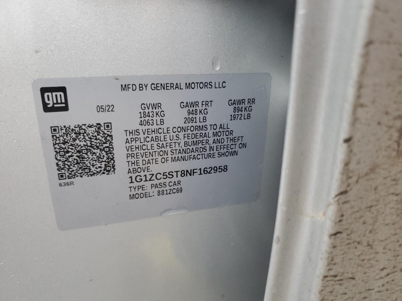 2022 CHEVROLET MALIBU LS VIN:1G1ZC5ST8NF162958