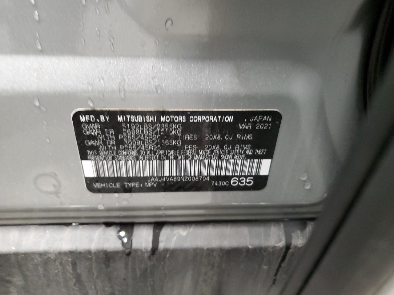 2022 MITSUBISHI OUTLANDER SEL VIN:JA4J4VA89NZ008704