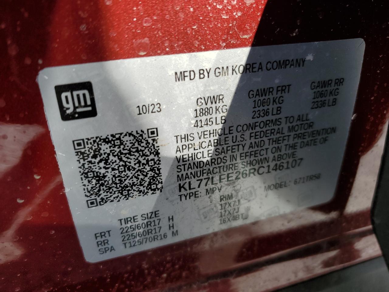 2024 CHEVROLET TRAX LS VIN:KL77LFE26RC146107