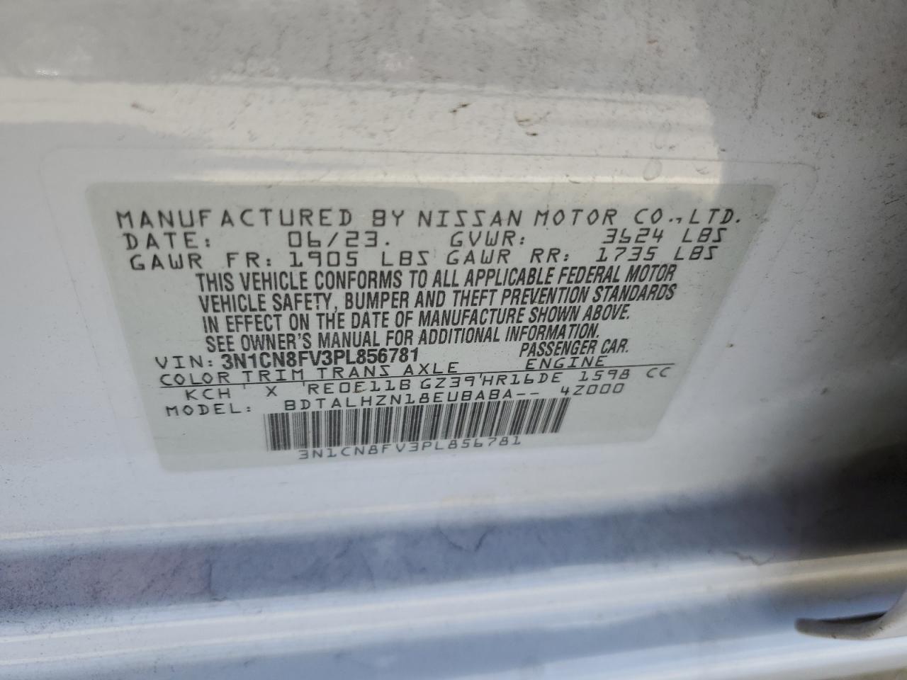 2023 NISSAN VERSA SR VIN:3N1CN8FV3PL856781