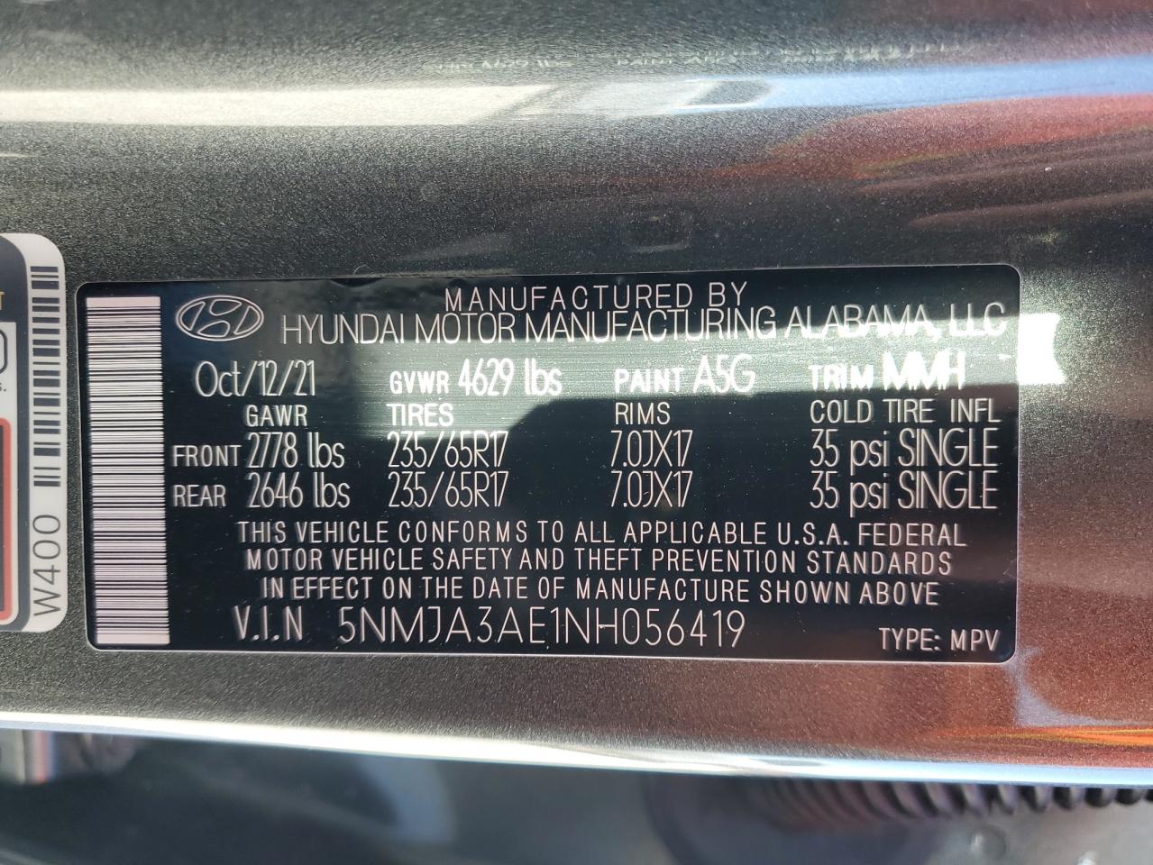 2022 HYUNDAI TUCSON SE VIN:5NMJA3AE1NH056419