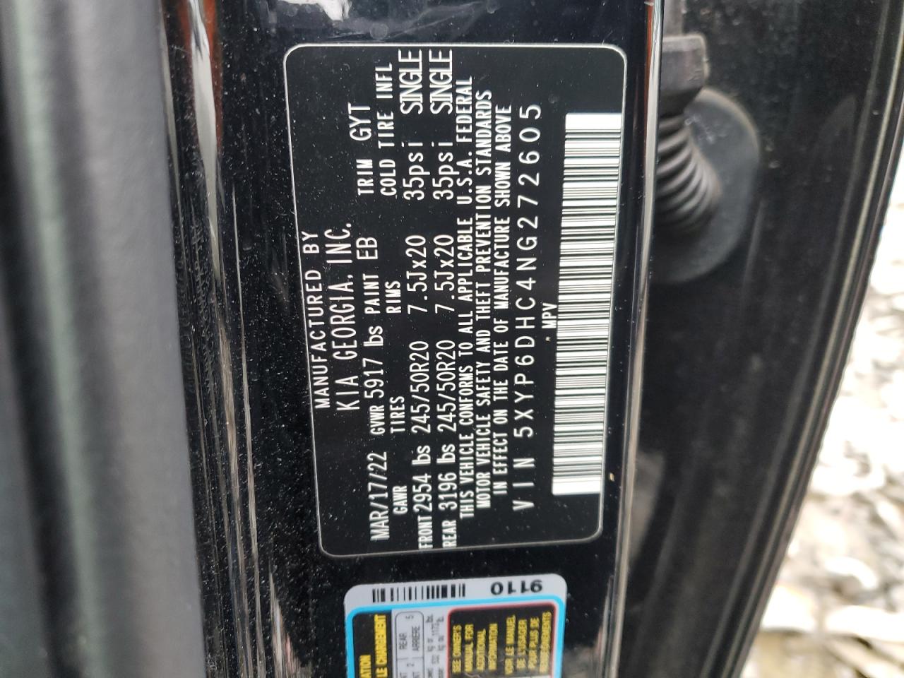 2022 KIA TELLURIDE S VIN:5XYP6DHC4NG272605
