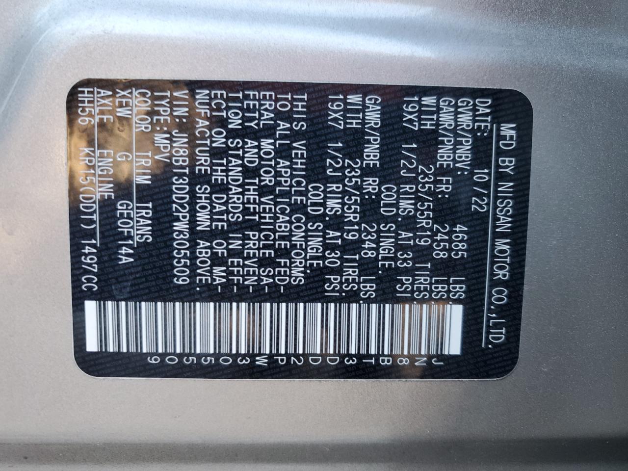 2023 NISSAN ROGUE PLATINUM VIN:JN8BT3DD2PW305509