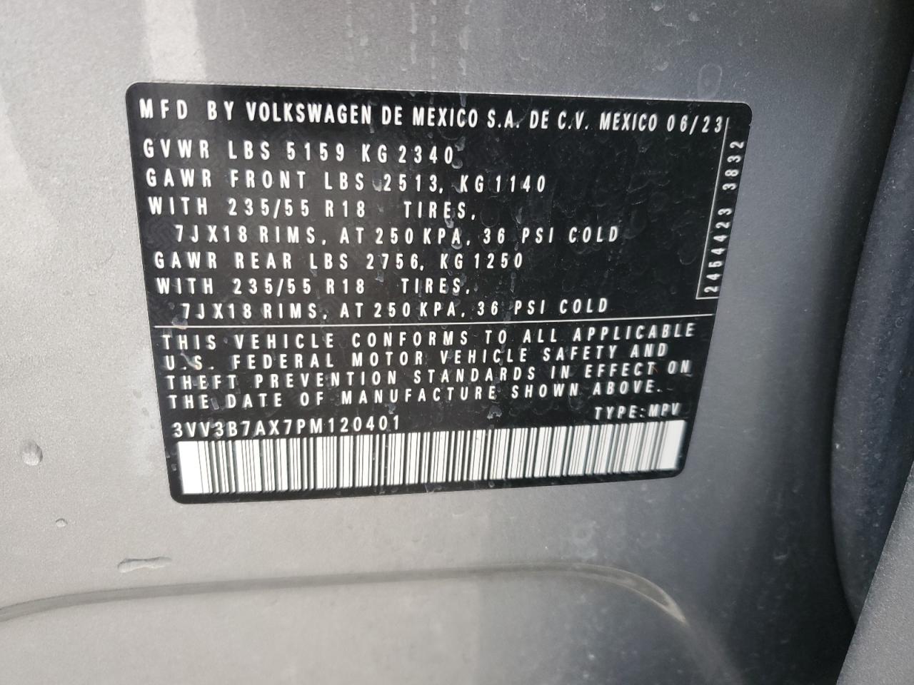 2023 VOLKSWAGEN TIGUAN SE VIN:3VV3B7AX7PM120401