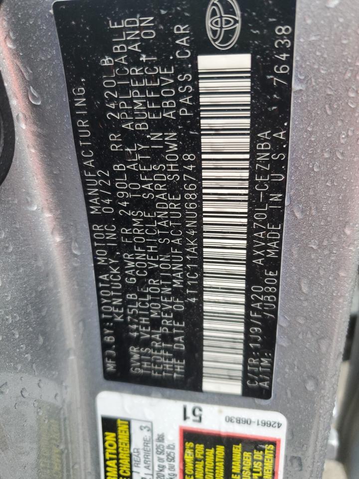 2022 TOYOTA CAMRY LE VIN:4T1C11AK4NU686748