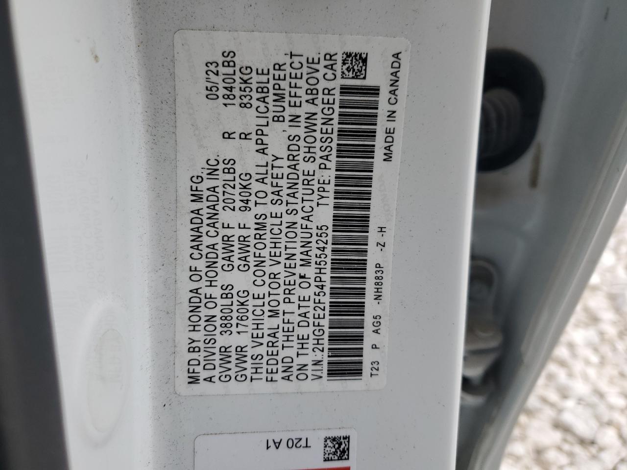 2023 HONDA CIVIC SPORT VIN:2HGFE2F54PH554255