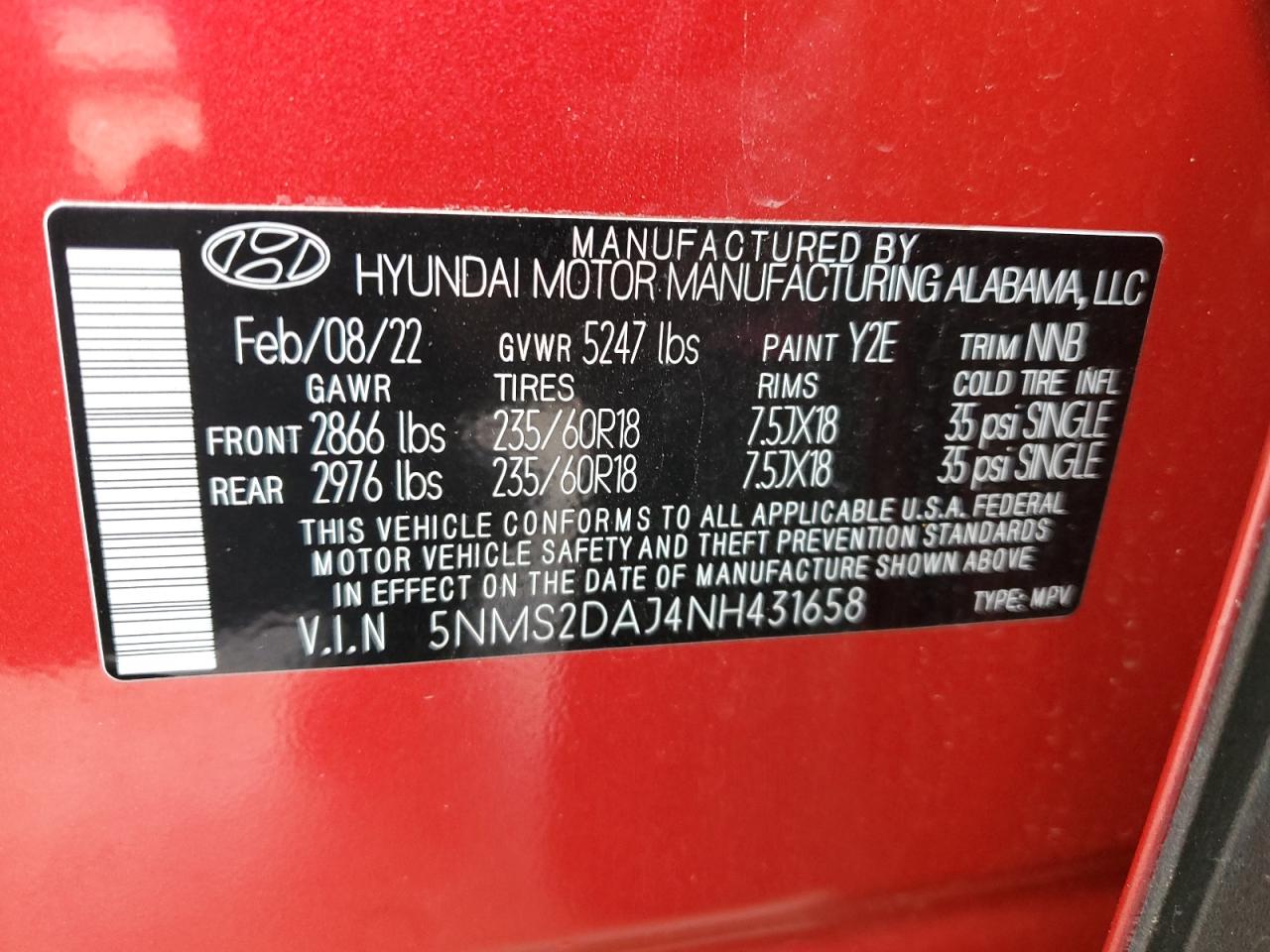 2022 HYUNDAI SANTA FE SEL VIN:5NMS2DAJ4NH431658