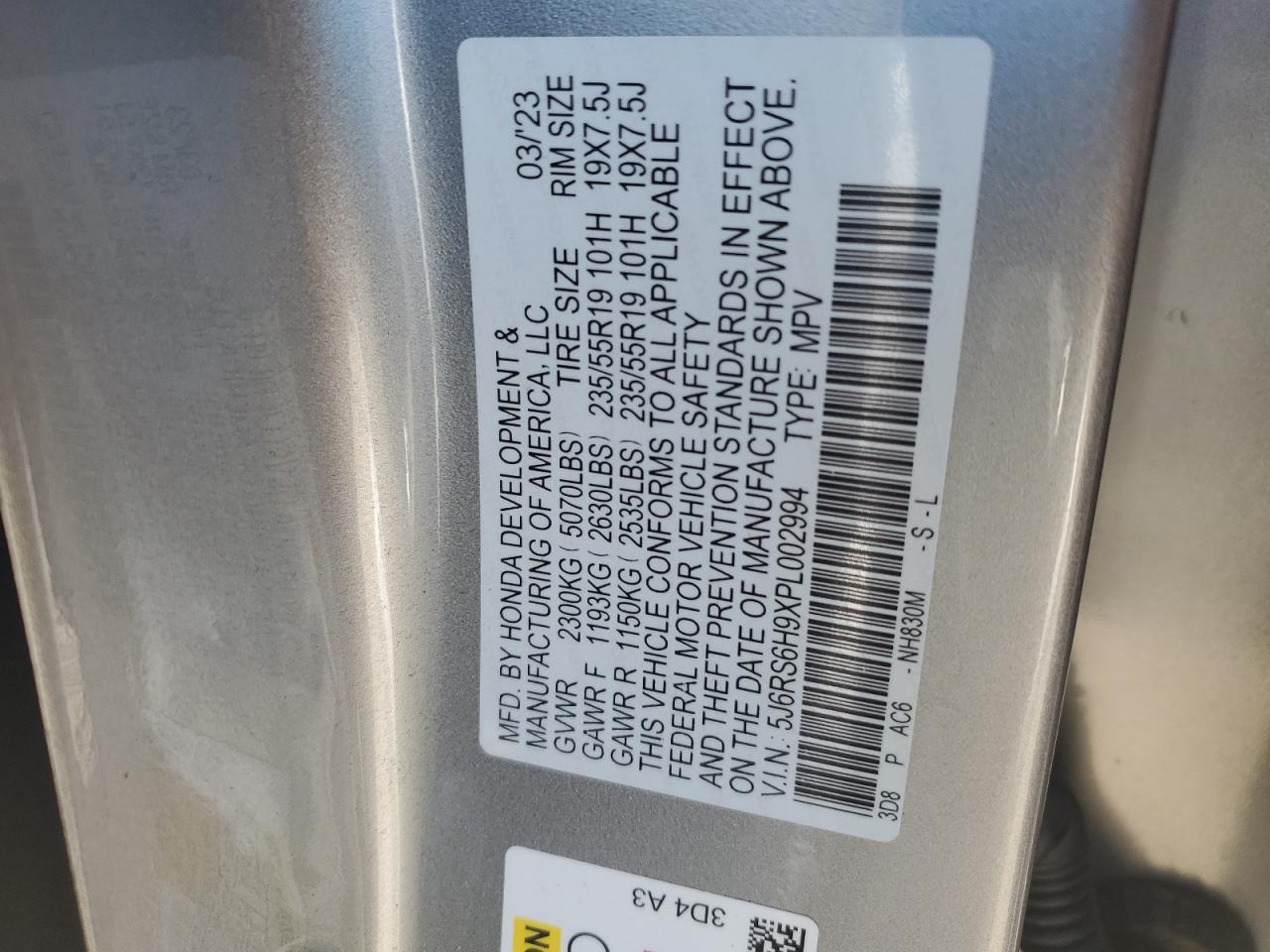 2023 HONDA CR-V SPORT TOURING VIN:5J6RS6H9XPL002994
